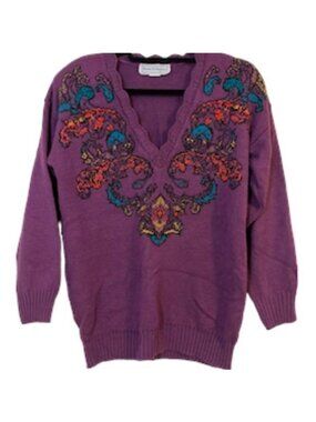 Retro Floral Knit Sweater S Purple‎ Boho Indie Folk Mod Classic Preppy Vintage